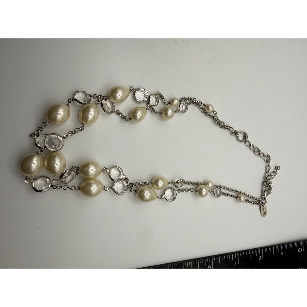 Talbots Silver Tone Faux Pearl and Crystal Double Strand Necklace 18-21 Inch
